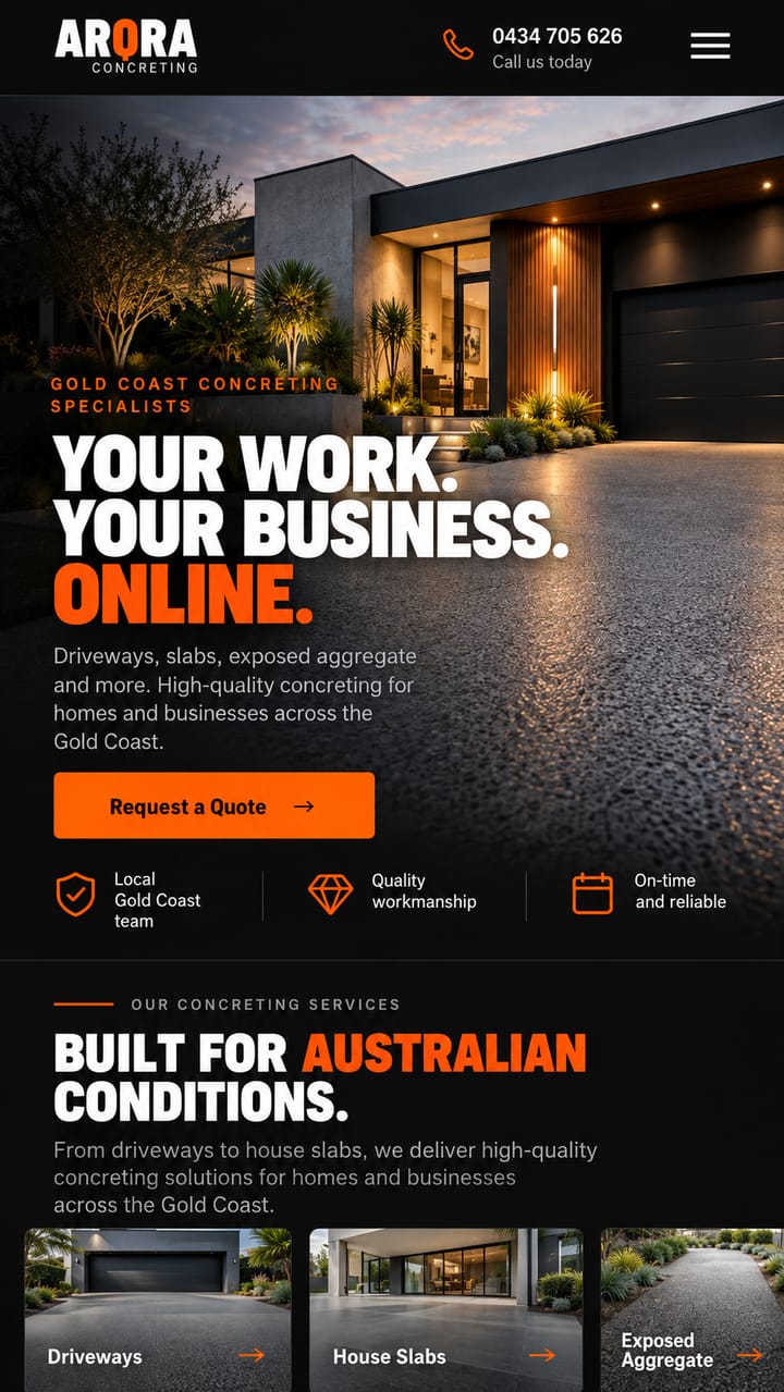 The same illustrative concept on a phone: phone number at the top, driveway photo, headline, a Request a Quote button and service cards.