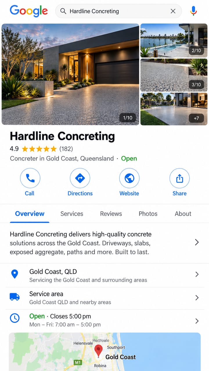 Example Google Business Profile for a fictional concreting business, showing photos, a star rating, Call, Directions and Website buttons, a description, service area and opening hours.